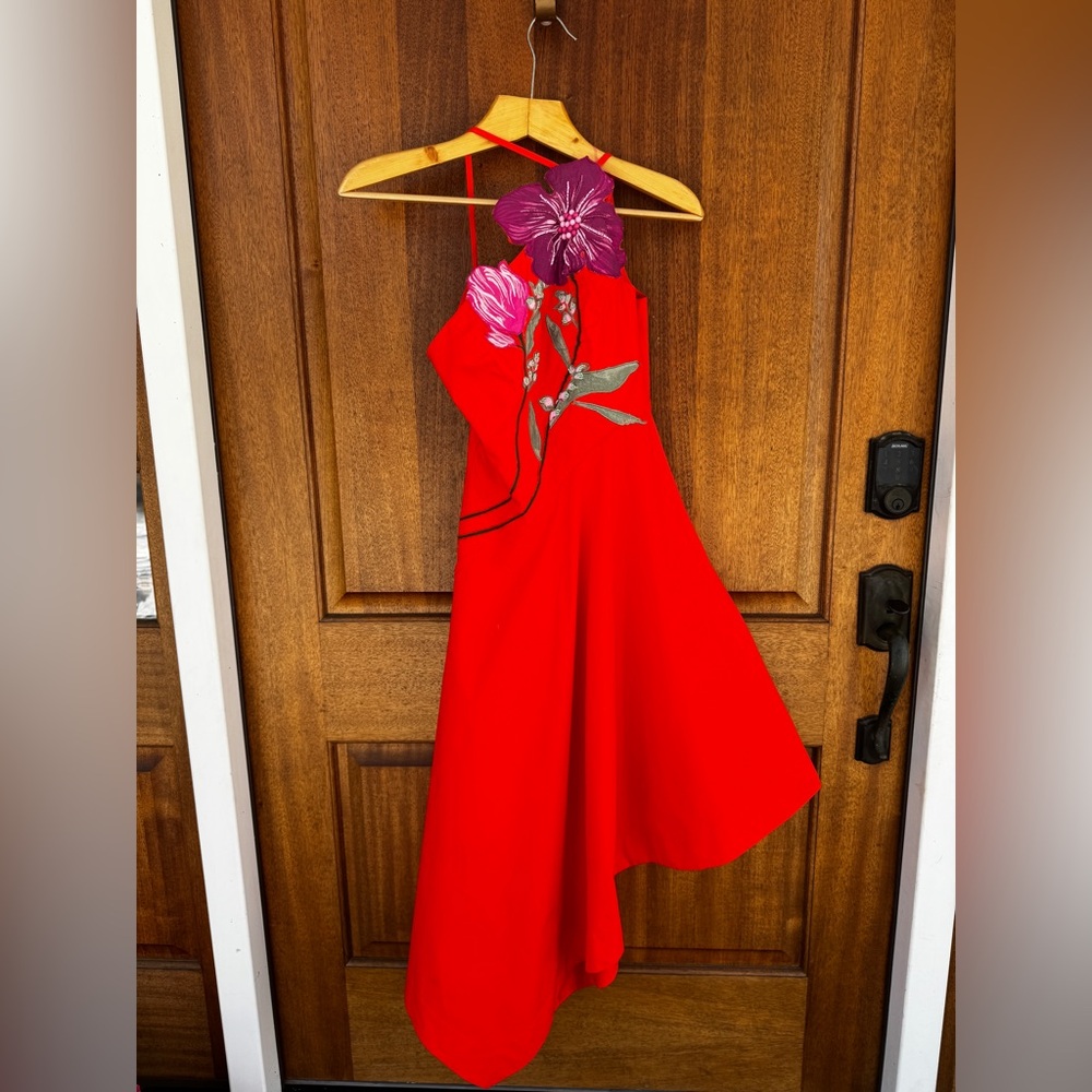 Anthropologie Asymmetric Red Sexy Floral Cocktail Party Dress Resort Wear 2 - Picture 5 of 14